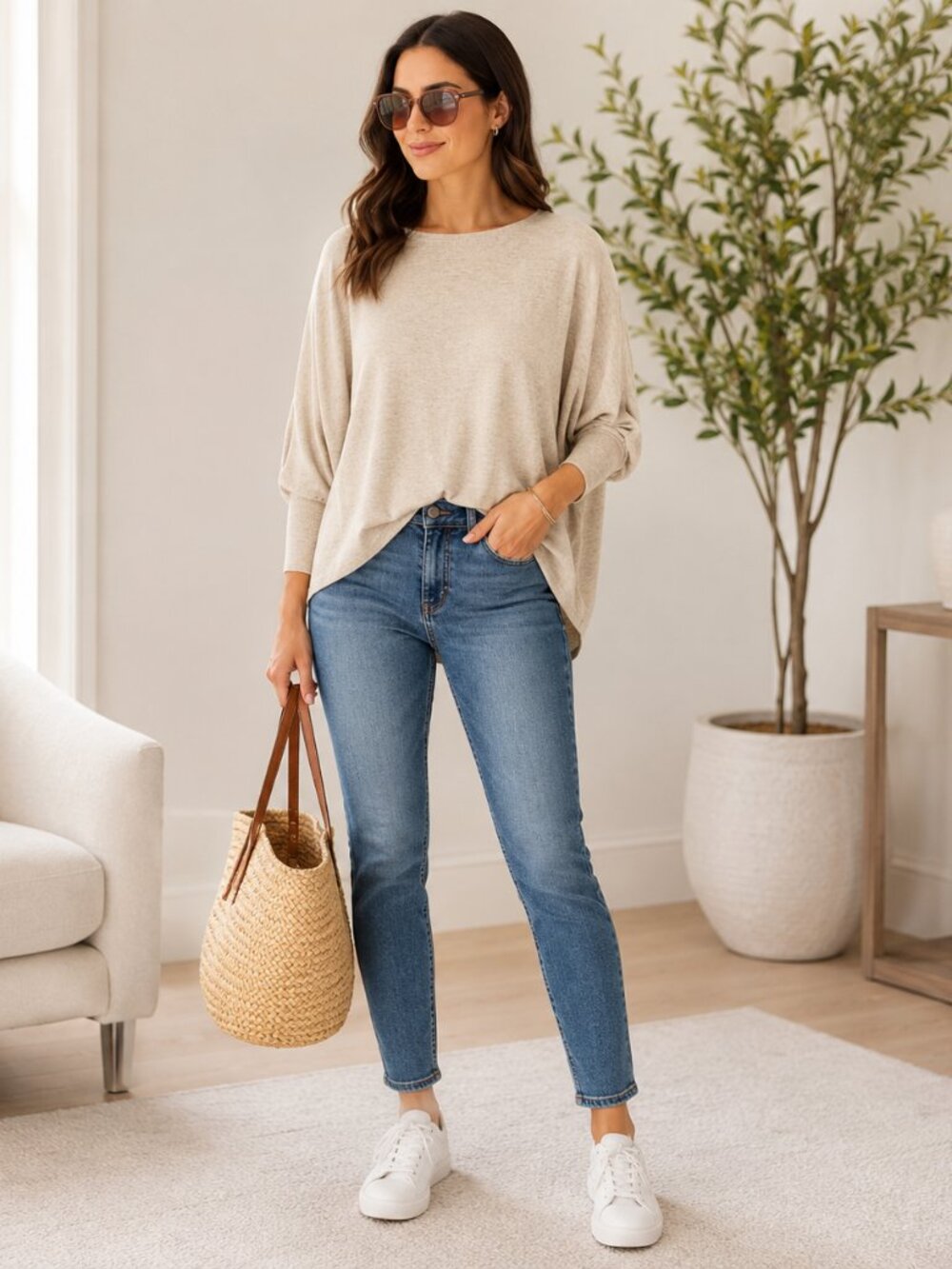 White House Black Market Oatmeal Dolman Sleeve Knit Sweater Top | Size M